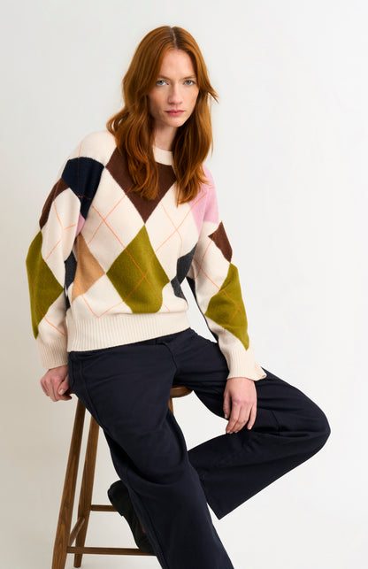 Pringle Women's Crew Neck Lambswool Argyle Jumper in Ecru / Multi on model sitting