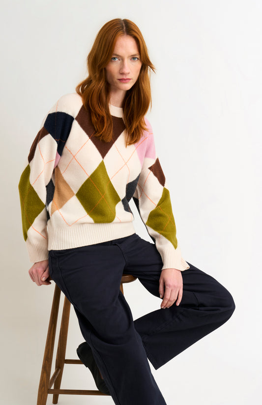 Pringle Women's Crew Neck Lambswool Argyle Jumper in Ecru / Multi on model sitting