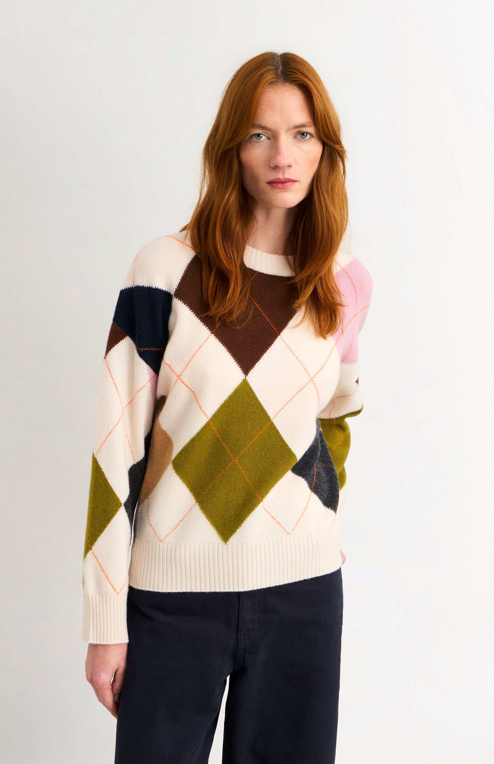 Pringle Women's Crew Neck Lambswool Argyle Jumper in Ecru / Multi on model