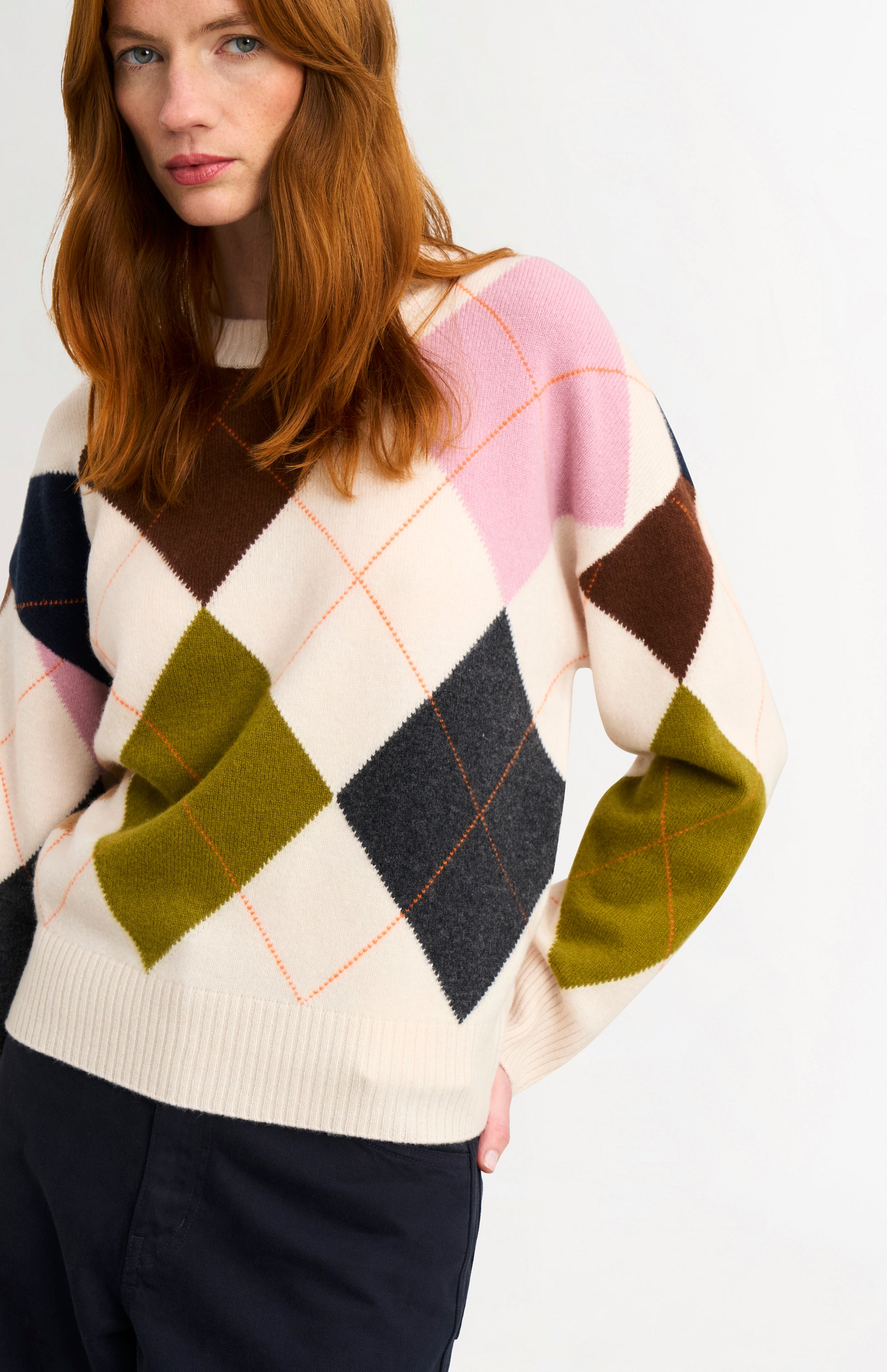 Pringle Women's Crew Neck Lambswool Argyle Jumper in Ecru / Multi showing argyle detail