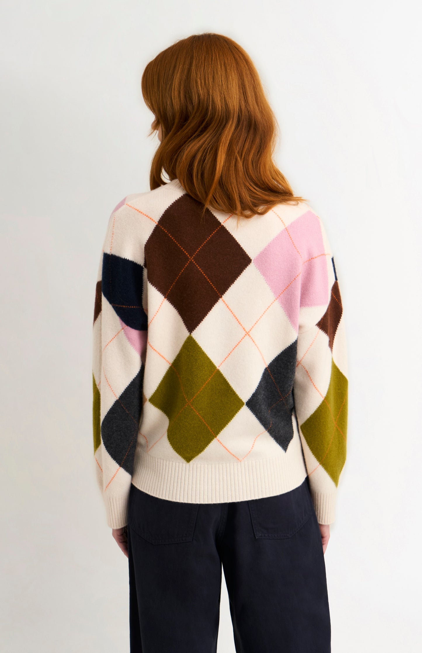 Pringle Women's Crew Neck Lambswool Argyle Jumper in Ecru / Multi rear view