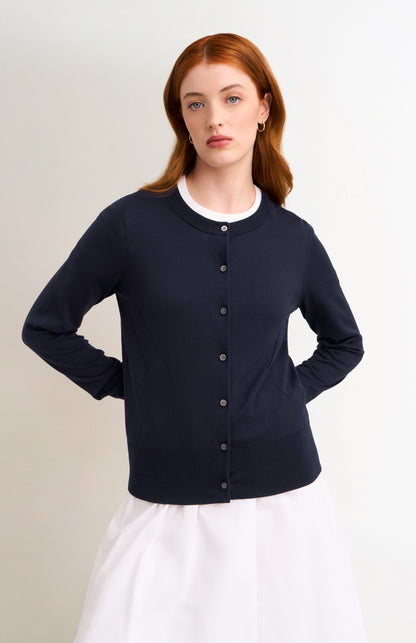 Women's Superfine Silk Blend Pointelle Cardigan In Navy Blue