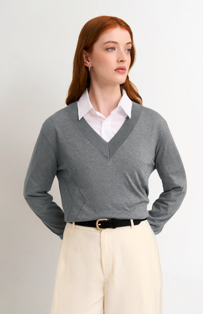 Women's Superfine Silk Blend Pointelle V Neck Jumper In Grey Melange