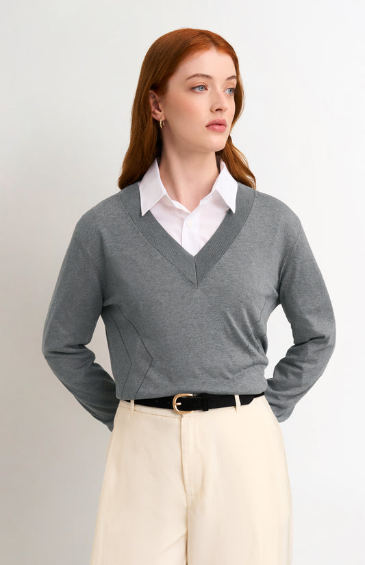 Women's Superfine Silk Blend Pointelle V Neck Jumper In Grey Melange