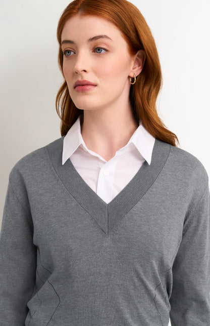 Women's Superfine Silk Blend Pointelle V Neck Jumper In Grey Melange