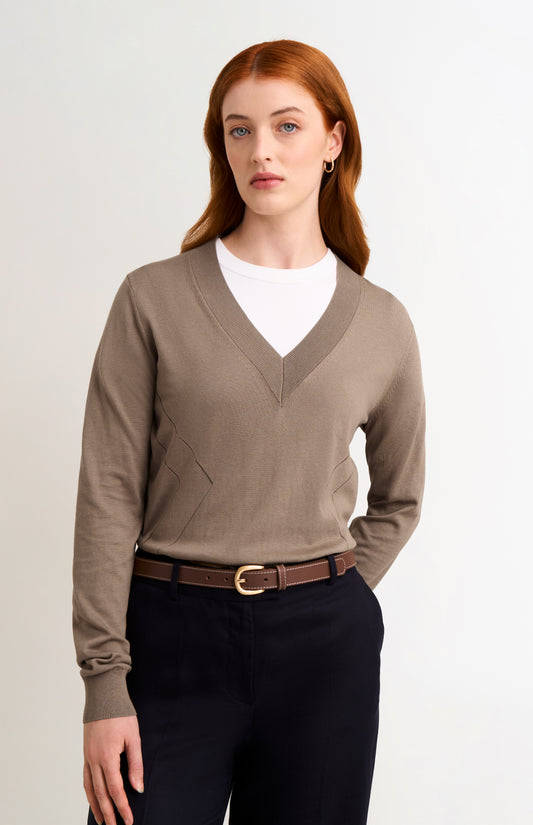 Women's Superfine Silk Blend Pointelle V Neck Jumper In Mushroom