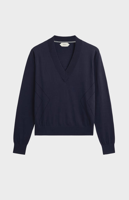 Women's Superfine Silk Blend Pointelle V Neck Jumper In Navy Blue