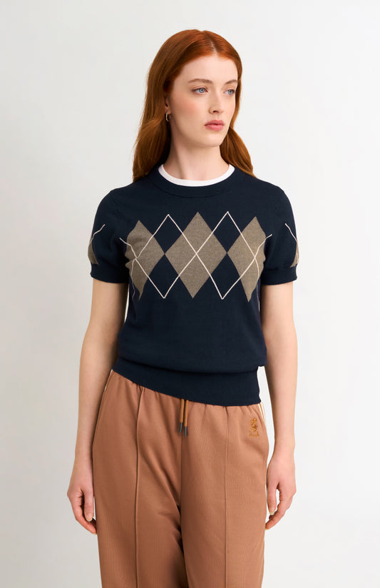 Women's Cashmere And Cotton Crew Neck Argyle T-shirt In Navy, Mushroom & White