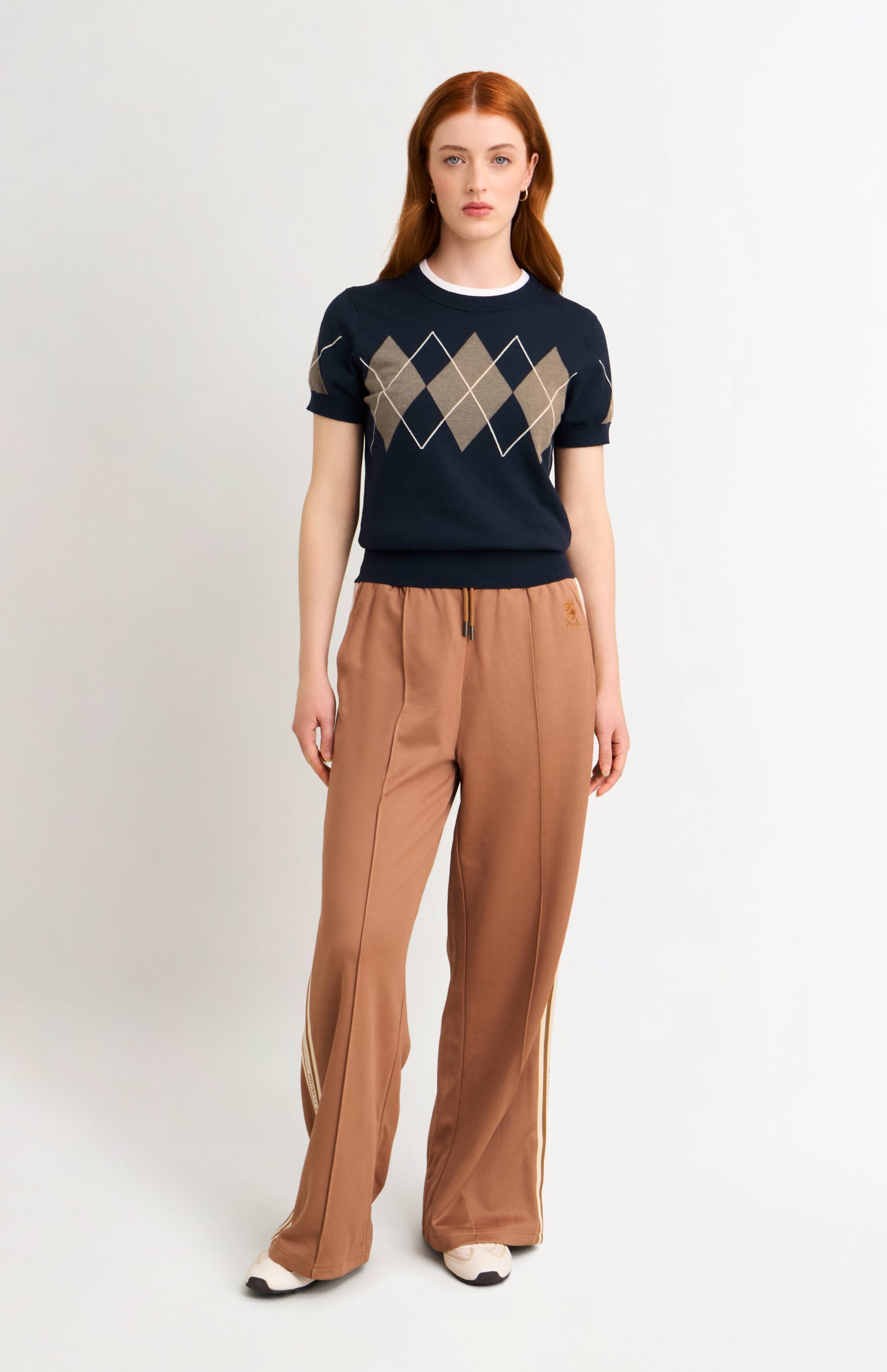 Women's Cashmere And Cotton Crew Neck Argyle T-shirt In Navy, Mushroom & White