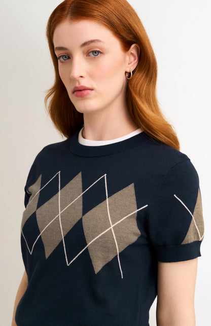 Women's Cashmere And Cotton Crew Neck Argyle T-shirt In Navy, Mushroom & White