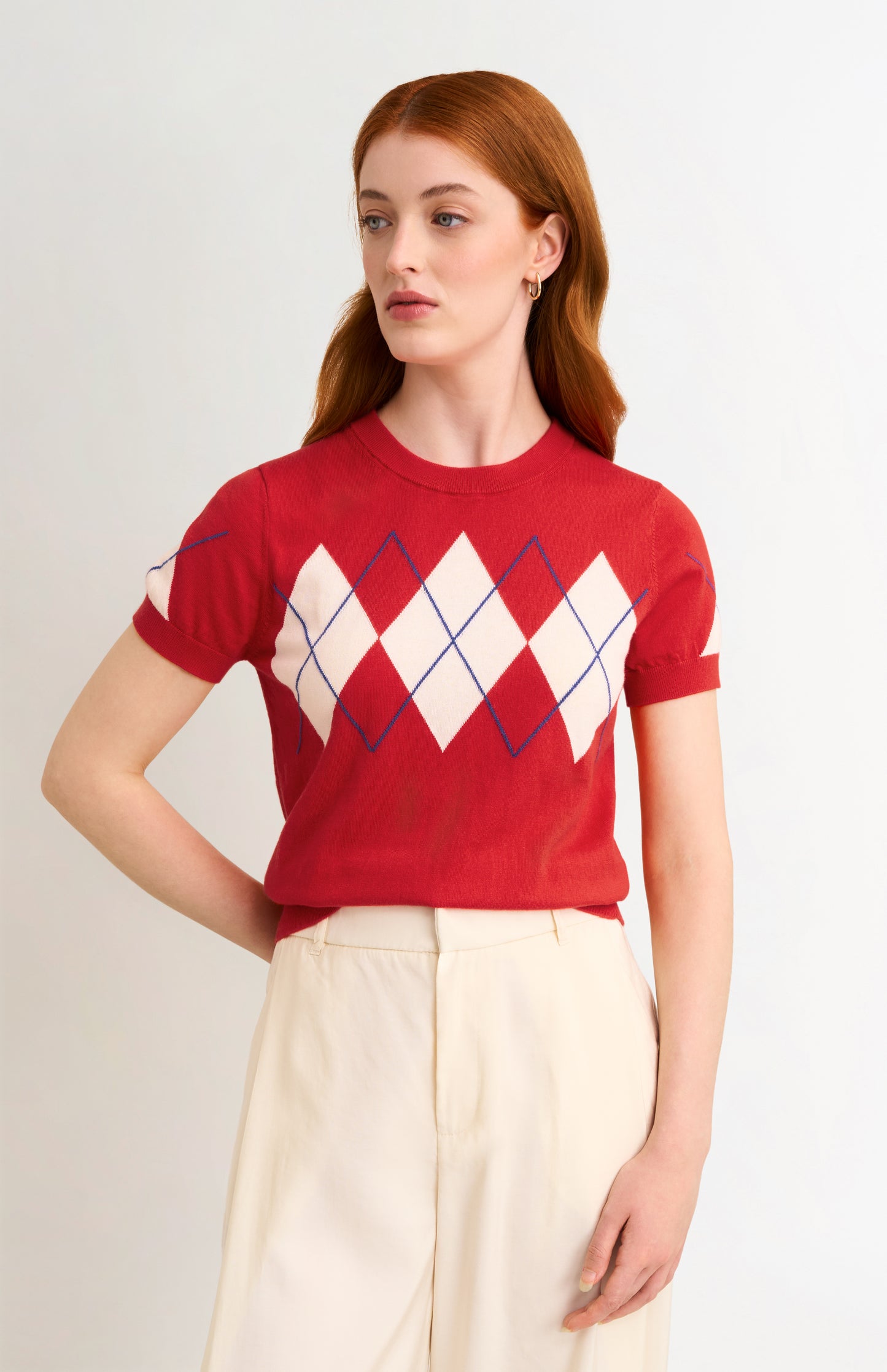 Women's Cashmere And Cotton Crew Neck Argyle T-shirt In Red, White & Blue
