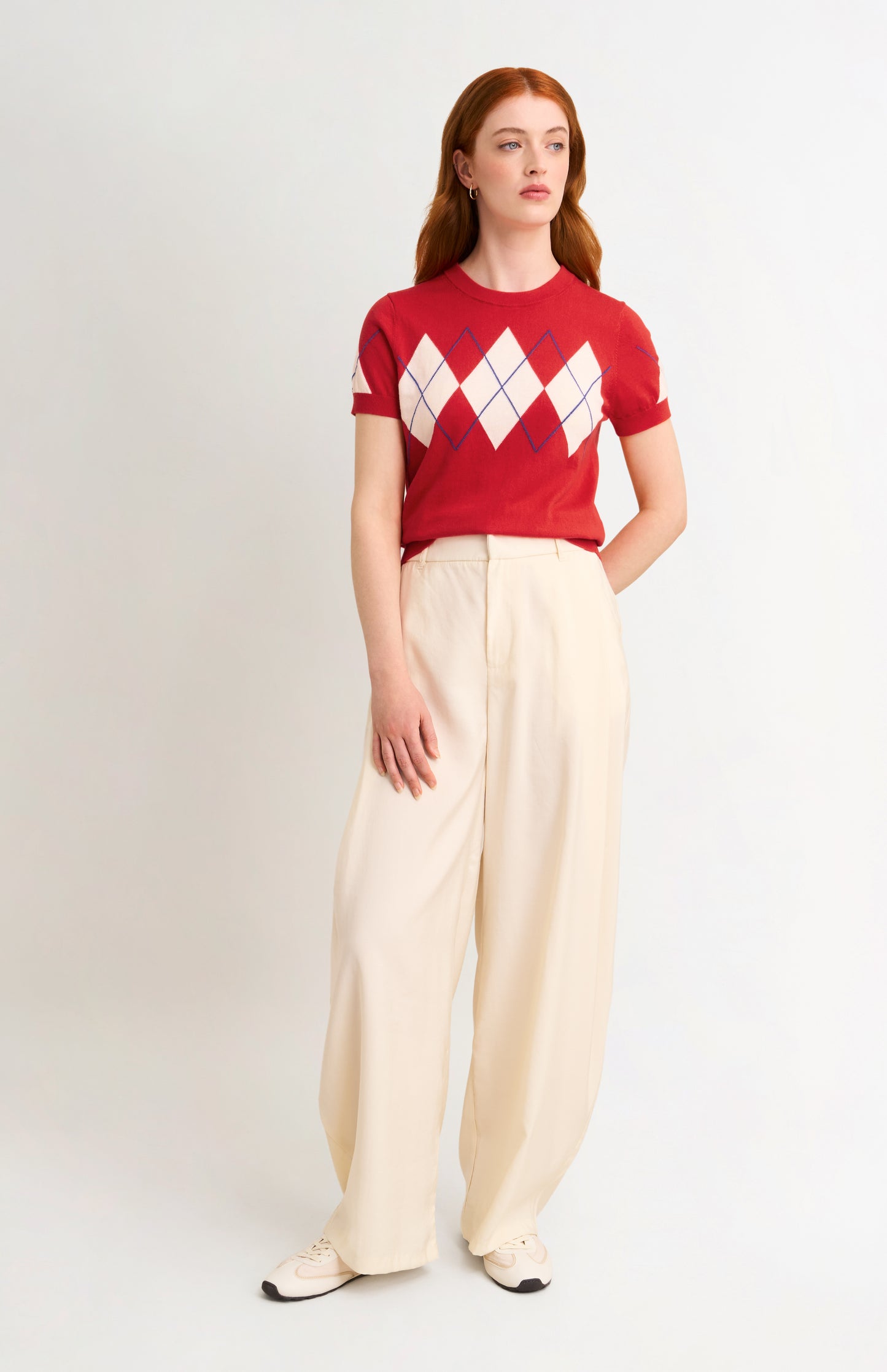 Women's Cashmere And Cotton Crew Neck Argyle T-shirt In Red, White & Blue