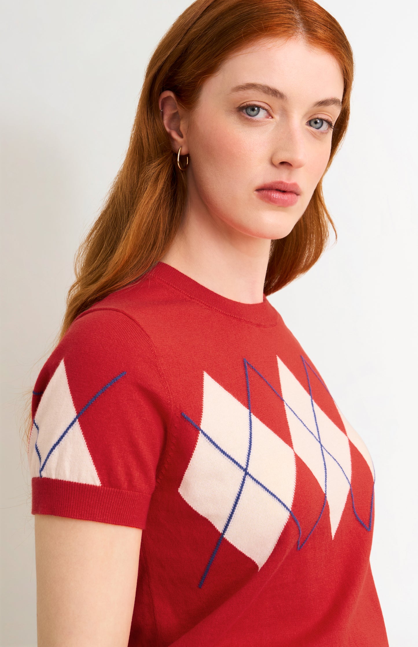 Women's Cashmere And Cotton Crew Neck Argyle T-shirt In Red, White & Blue
