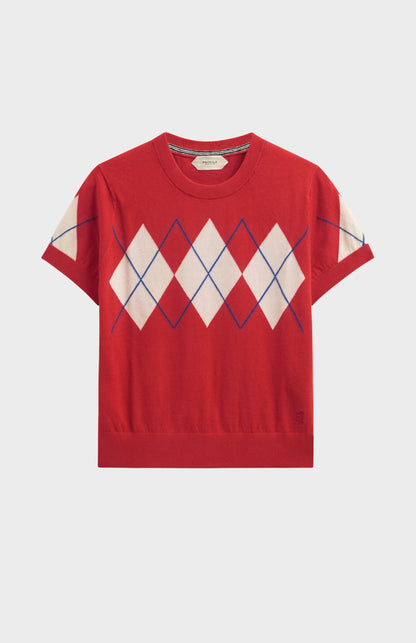 Women's Cashmere And Cotton Crew Neck Argyle T-shirt In Red, White & Blue