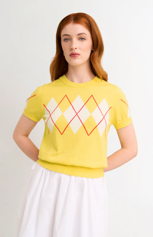 Women's Cashmere And Cotton Crew Neck Argyle T-shirt In Yellow, White & Red