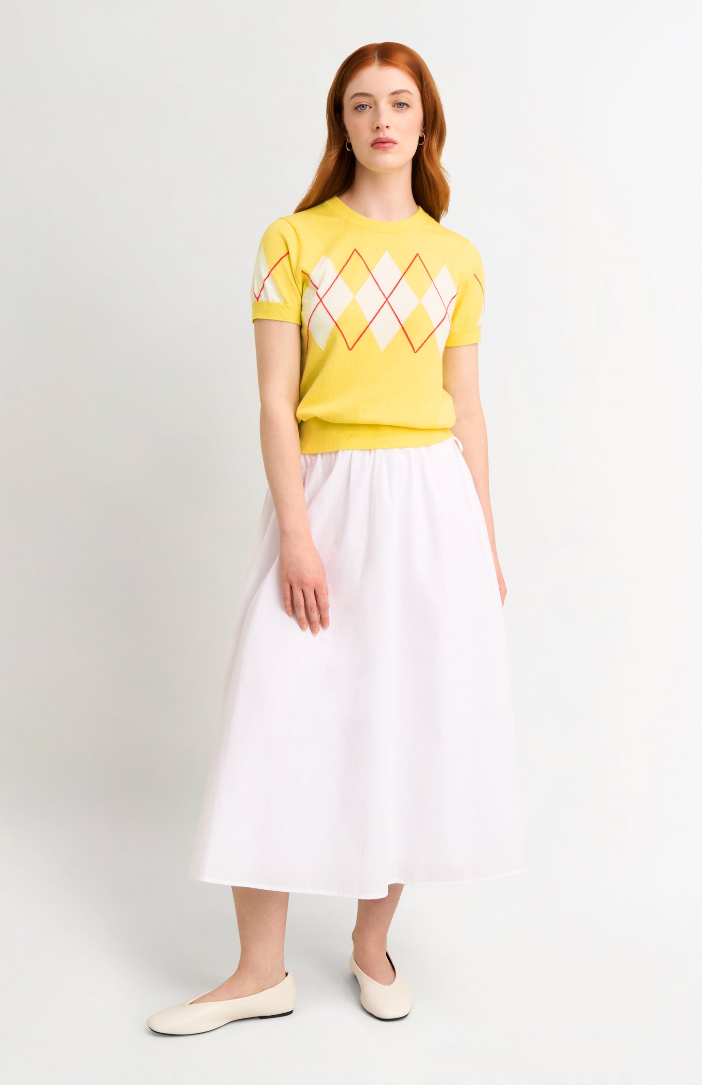 Women's Cashmere And Cotton Crew Neck Argyle T-shirt In Yellow, White & Red