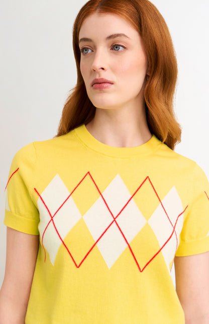 Women's Cashmere And Cotton Crew Neck Argyle T-shirt In Yellow, White & Red