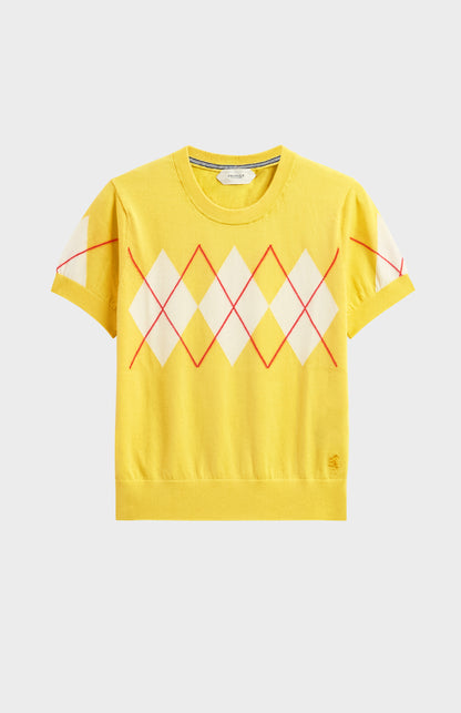 Women's Cashmere And Cotton Crew Neck Argyle T-shirt In Yellow, White & Red