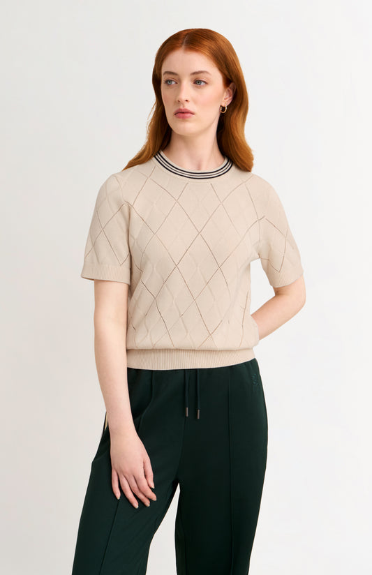 Women's Silk Blend Textured Argyle Crew Neck T-shirt In Ecru
