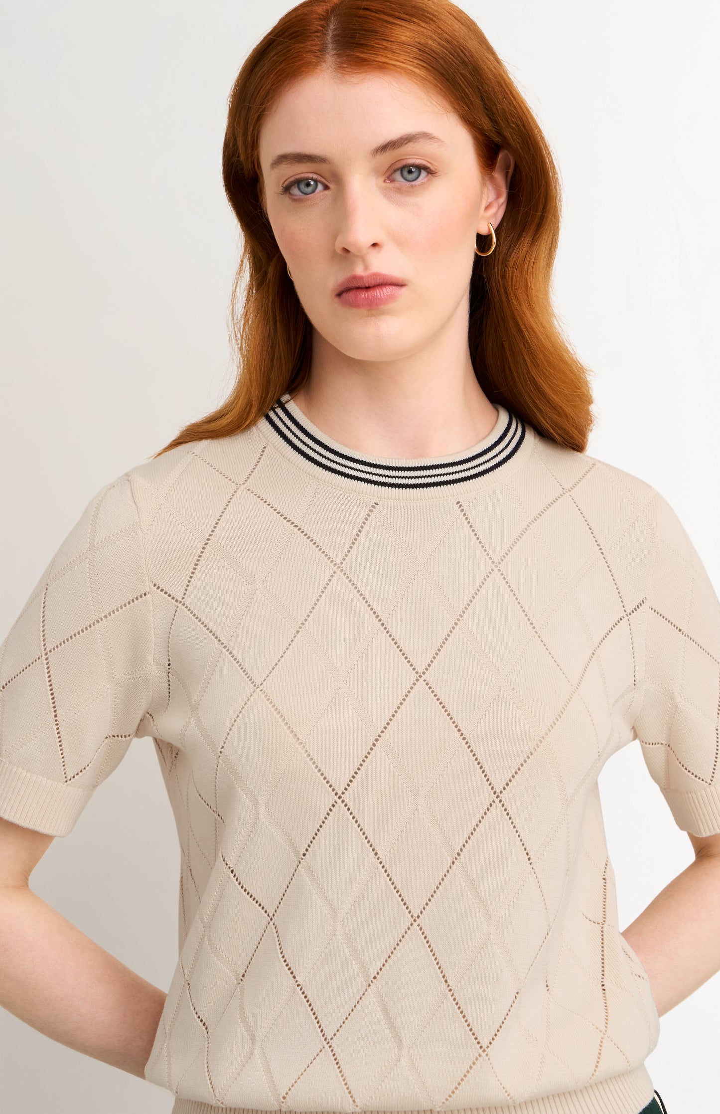 Women's Silk Blend Textured Argyle Crew Neck T-shirt In Ecru