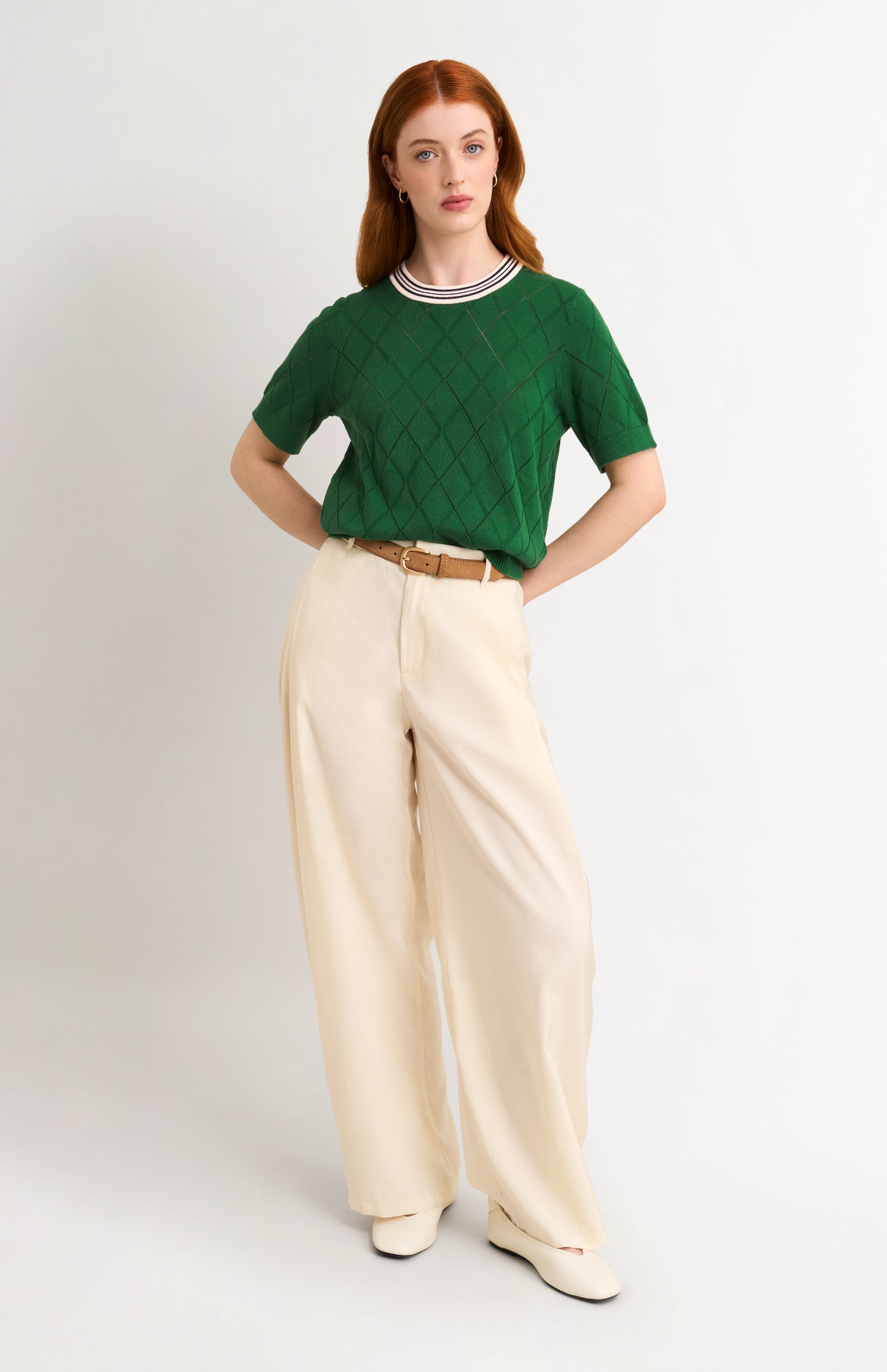 Women's Silk Blend Textured Argyle Crew Neck T-shirt In Green