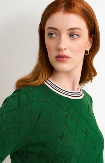 Women's Silk Blend Textured Argyle Crew Neck T-shirt In Green