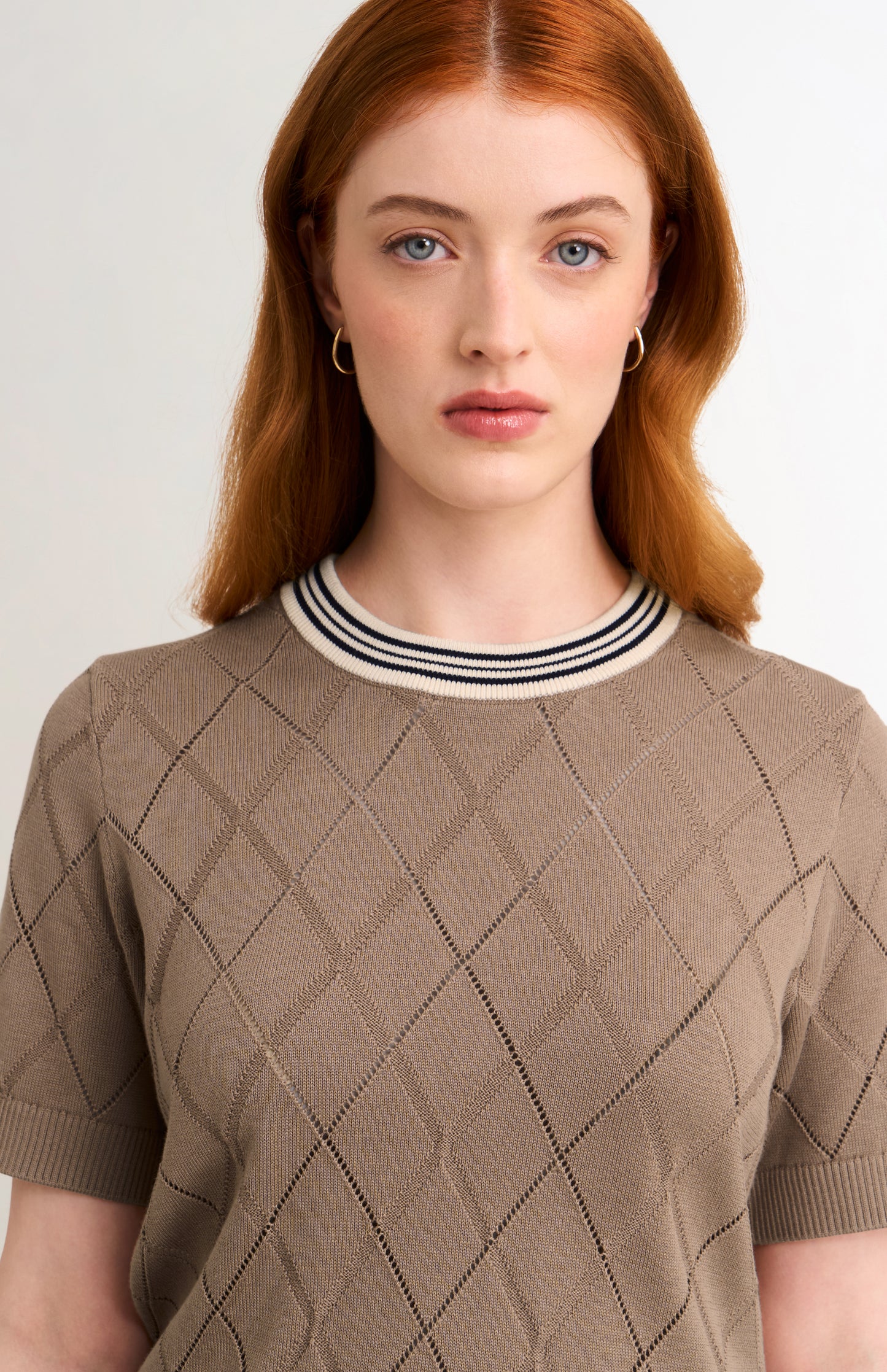 Women's Silk Blend Textured Argyle Crew Neck T-shirt In Mushroom