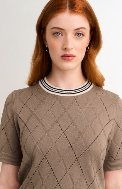 Women's Silk Blend Textured Argyle Crew Neck T-shirt In Mushroom