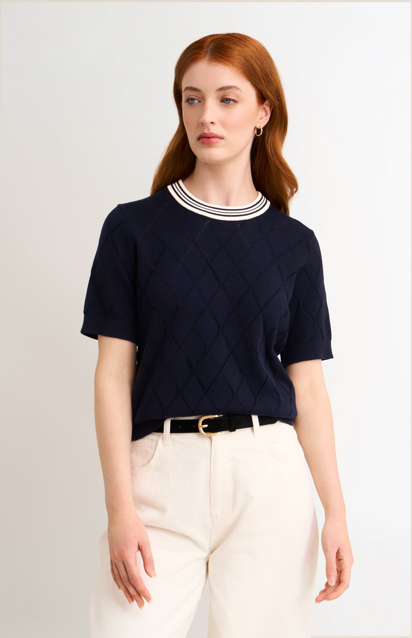 Women's Silk Blend Textured Argyle Crew Neck T-shirt In Navy