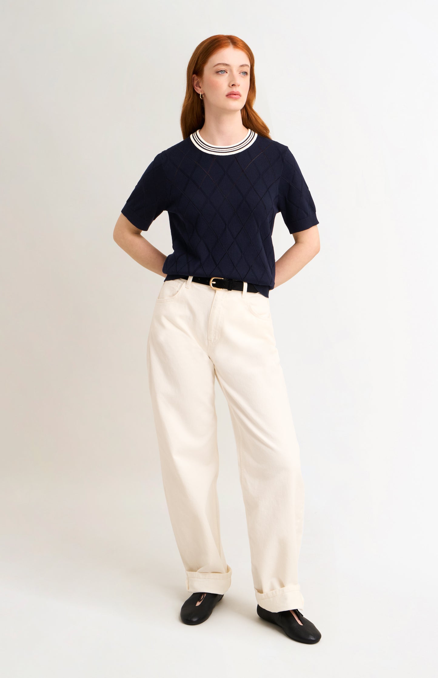 Women's Silk Blend Textured Argyle Crew Neck T-shirt In Navy