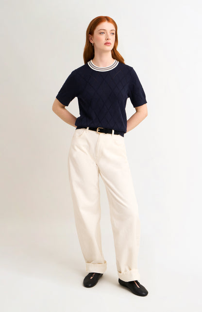Women's Silk Blend Textured Argyle Crew Neck T-shirt In Navy
