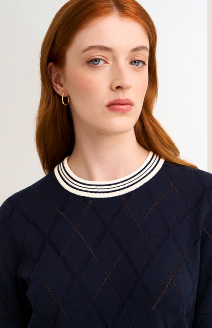Women's Silk Blend Textured Argyle Crew Neck T-shirt In Navy