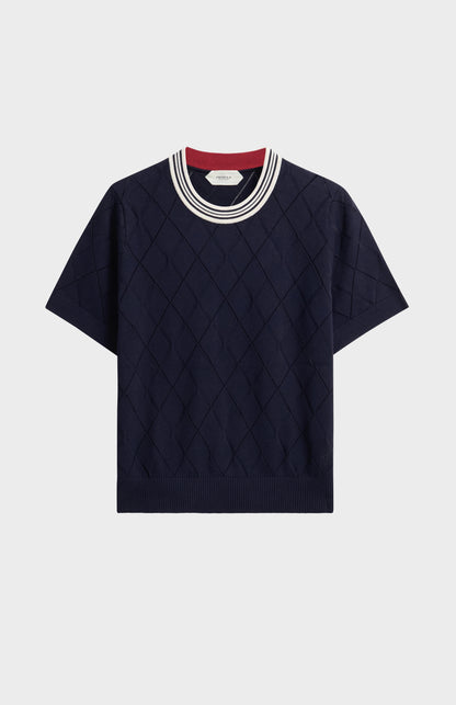 Women's Silk Blend Textured Argyle Crew Neck T-shirt In Navy