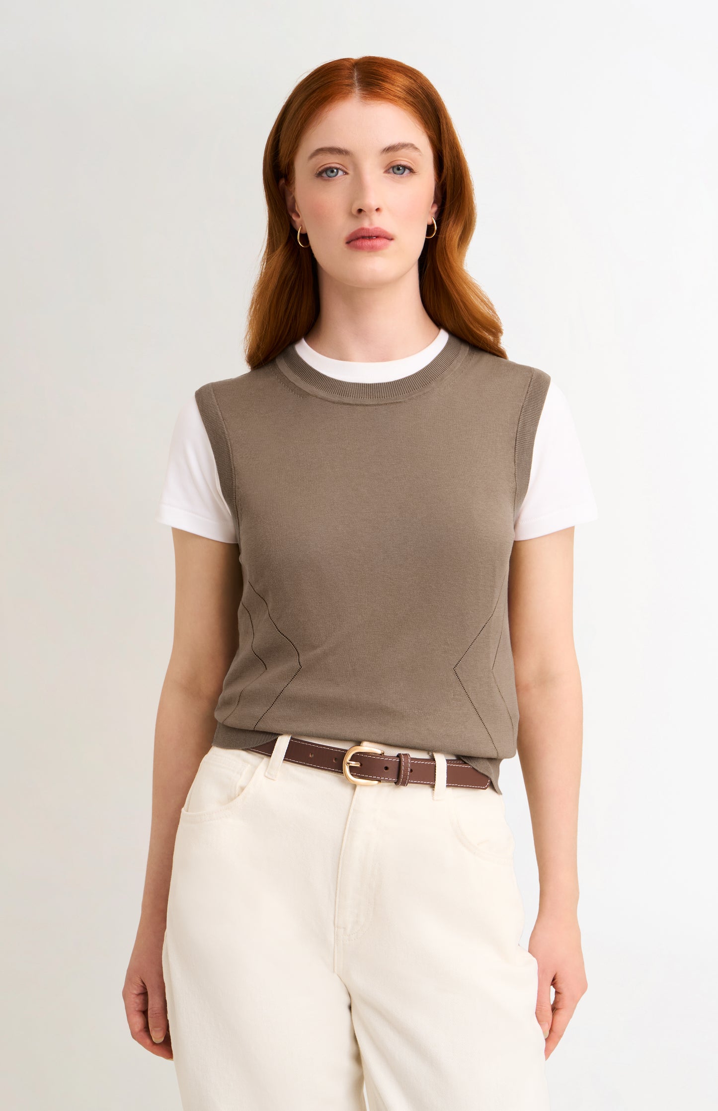 Women's Superfine Silk Blend Pointelle Crew Neck Vest In Mushroom