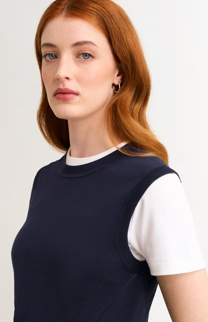 Women's Superfine Silk Blend Pointelle Crew Neck Vest In Navy Blue