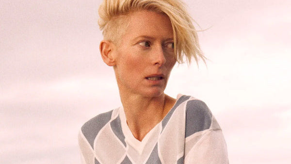 Tilda Swinton wearing a Pringle of Scotland cashmere Argyle jumper