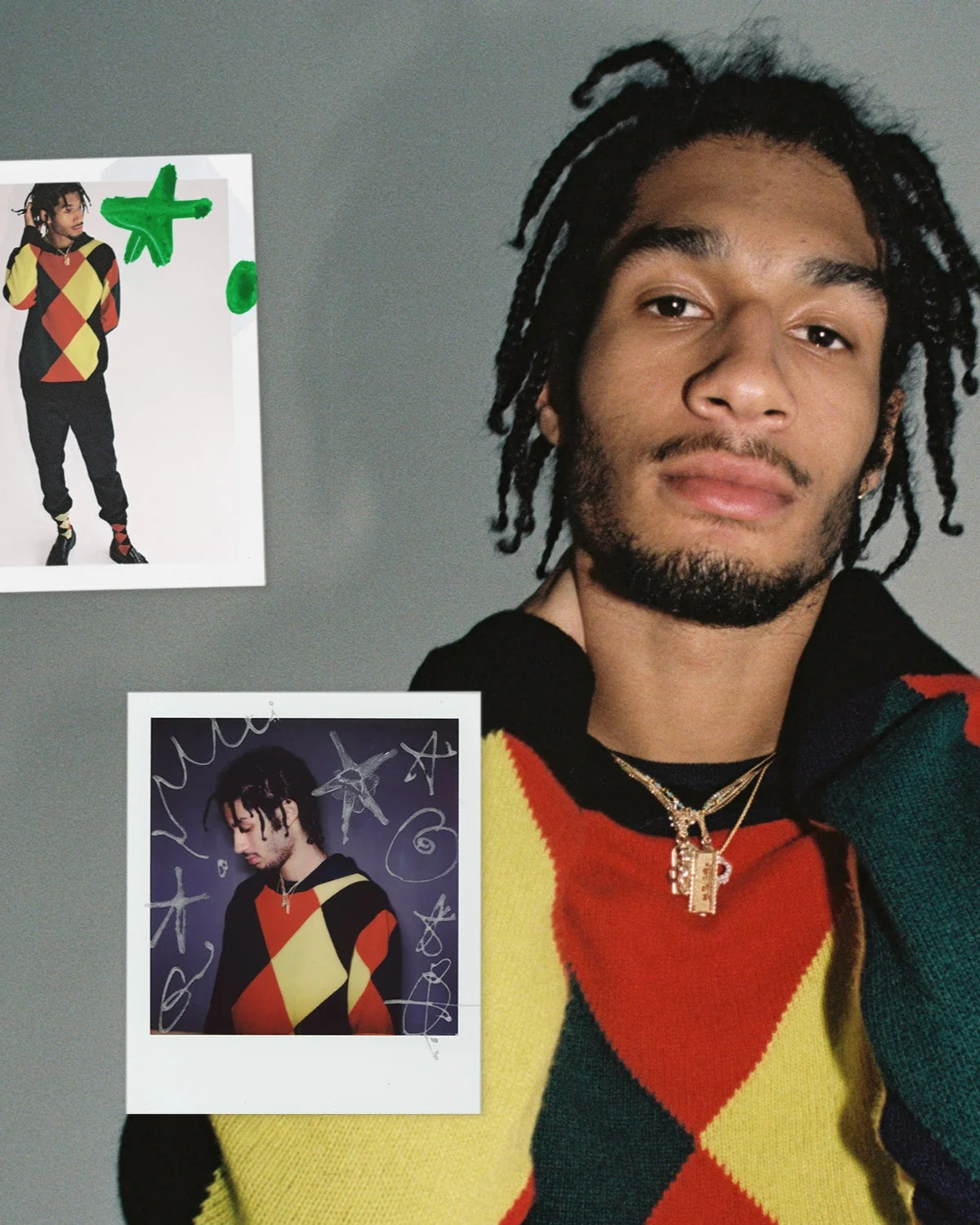 Model wearing a colorful argyle  sweater by Pringle of Scotland with two inset images of themselves from a different angle