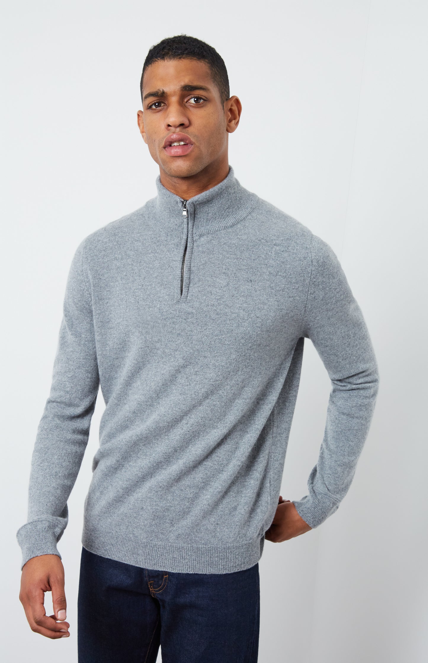 Men's Grey Zip Neck Cashmere Jumper Close Up View - Pringle of Scotland