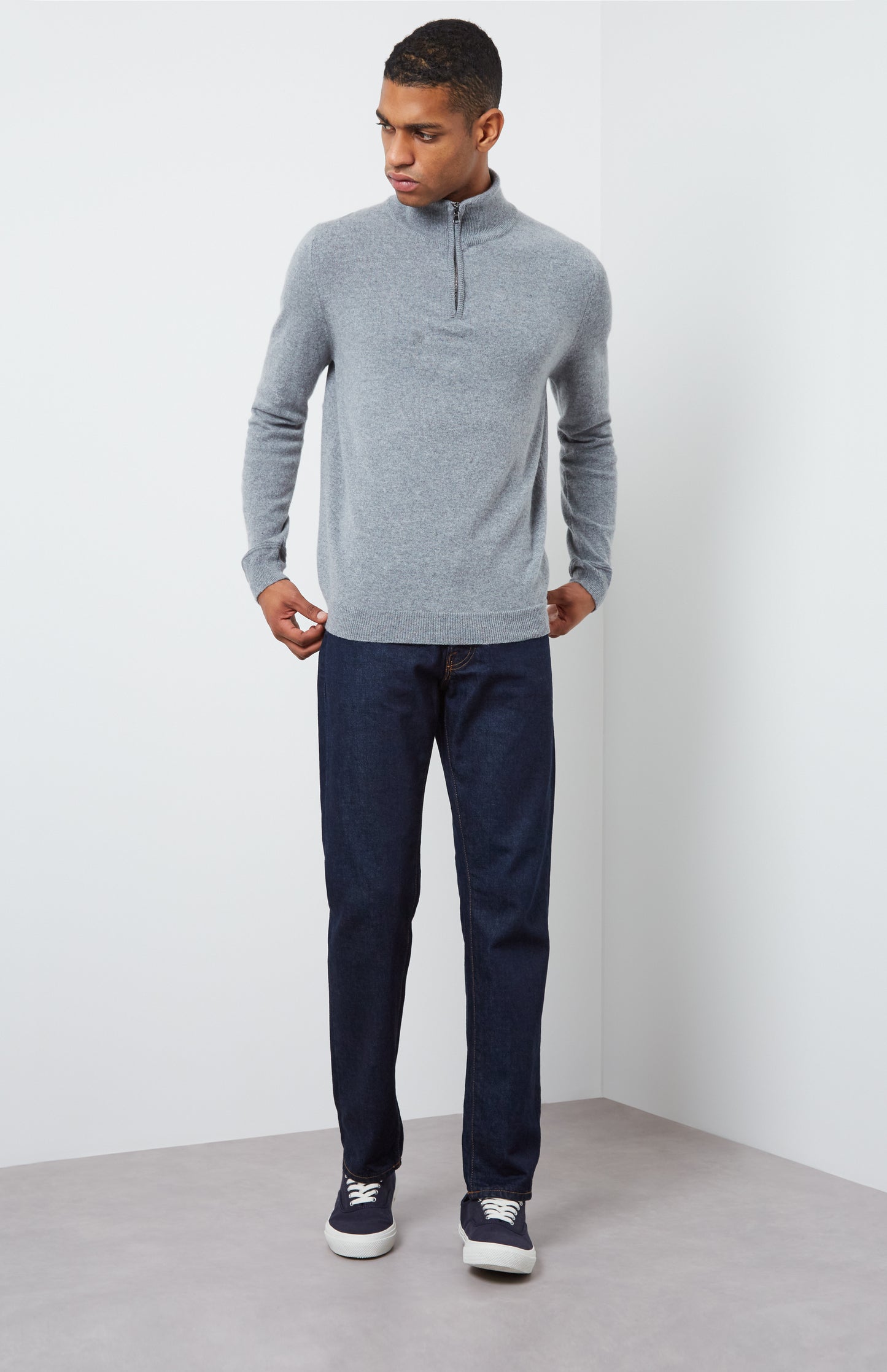 Men's Grey Zip Neck Cashmere Jumper Model View - Pringle of Scotland