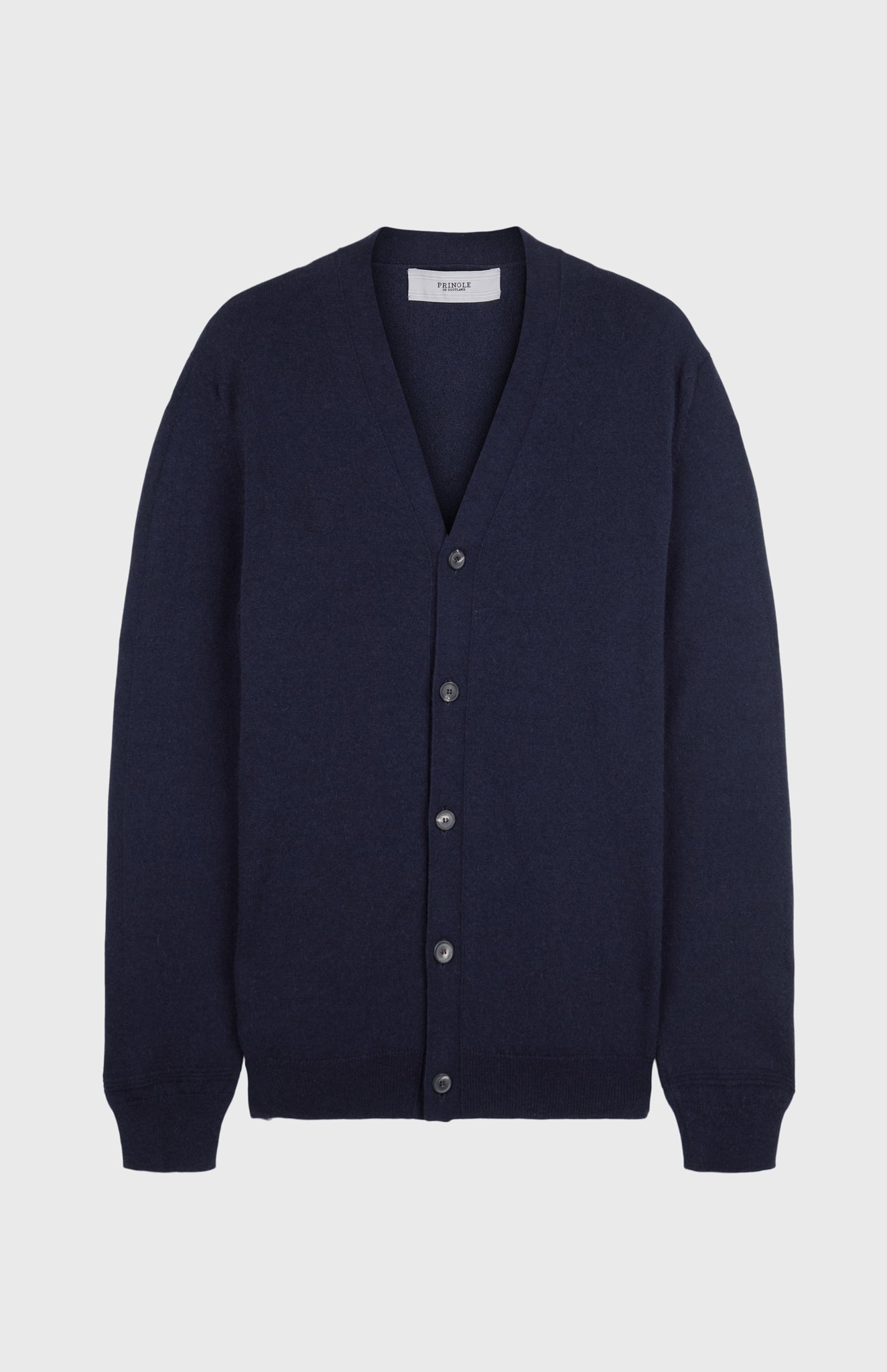 Prinlge of Scotland Men's Classic Cashmere Cardigan in Navy. Product shot.