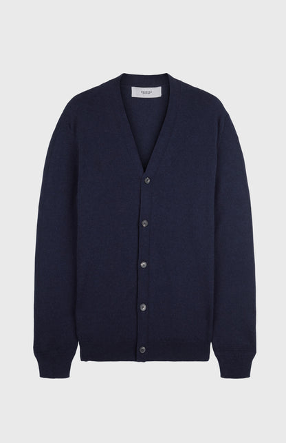 Prinlge of Scotland Men's Classic Cashmere Cardigan in Navy. Product shot.