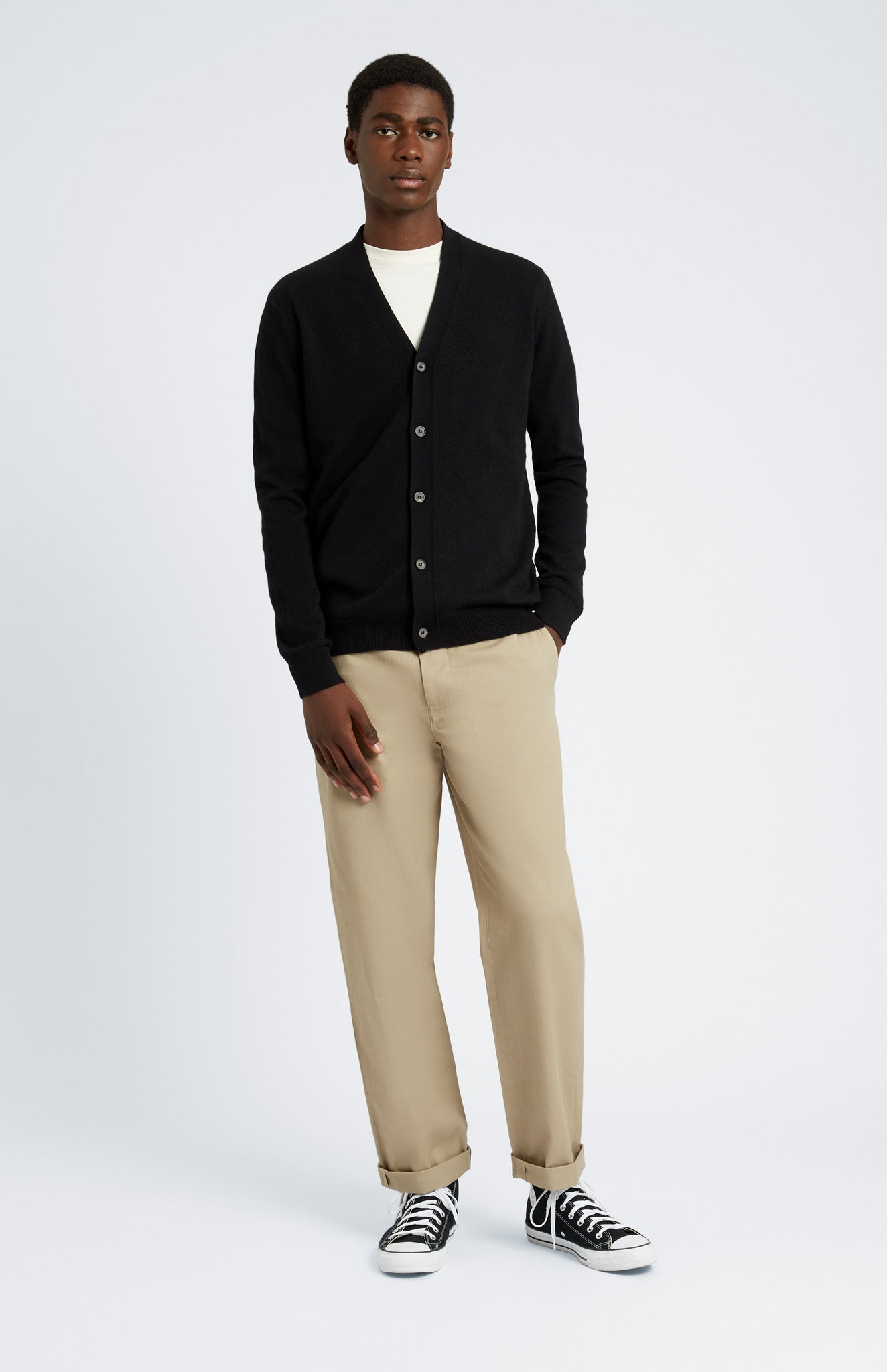 Pringle of Scotland Men's Cashmere Cardigan in Black. Full Front Look on model