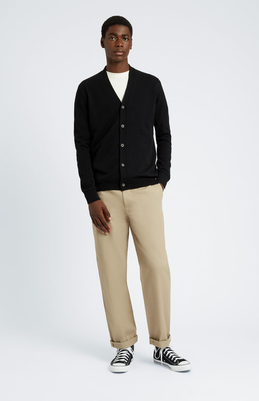 Pringle of Scotland Men's Cashmere Cardigan in Black. Full Front Look on model