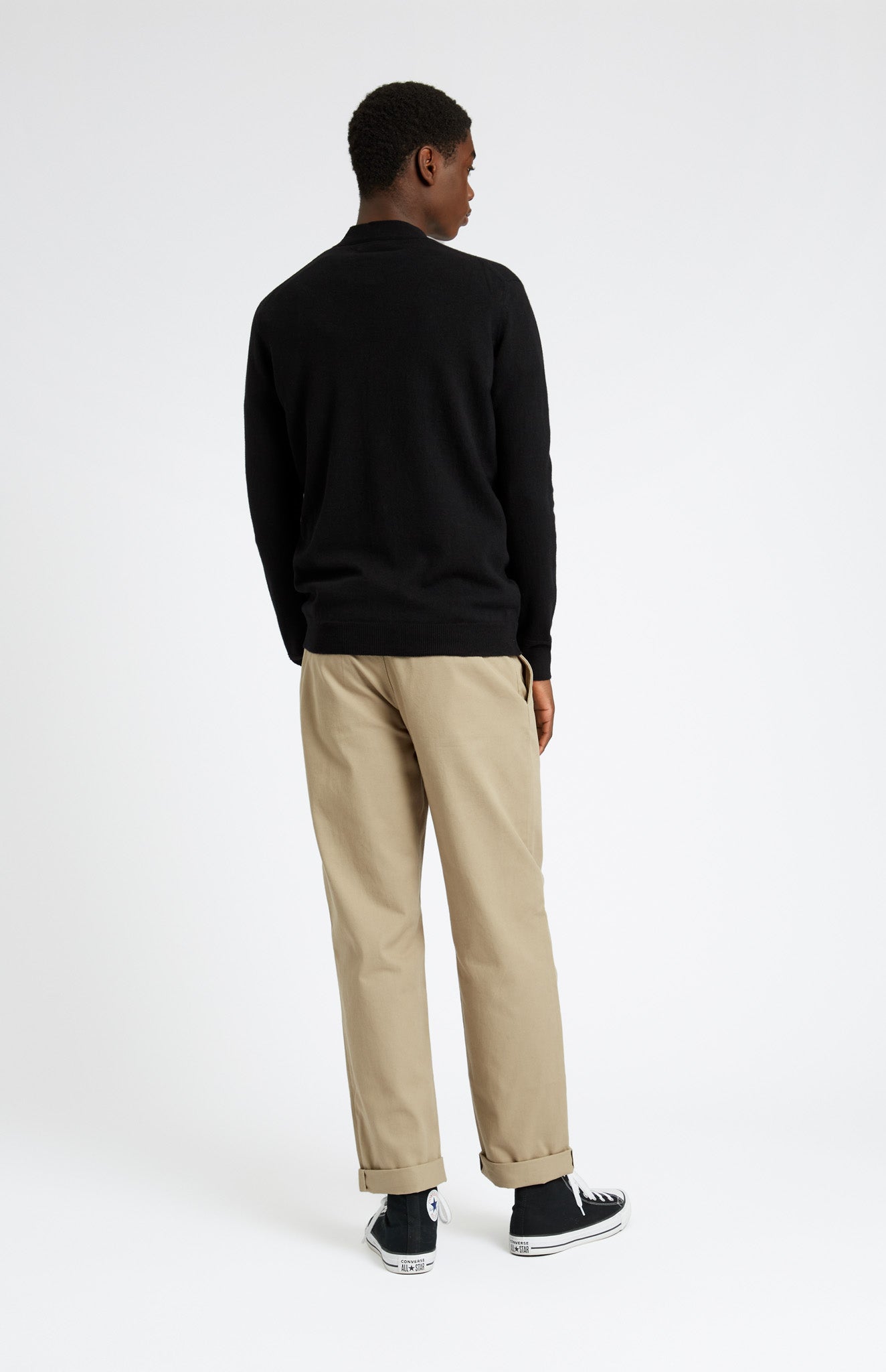 Pringle of Scotland Men's Cashmere Cardigan in Black. Rear View on Model