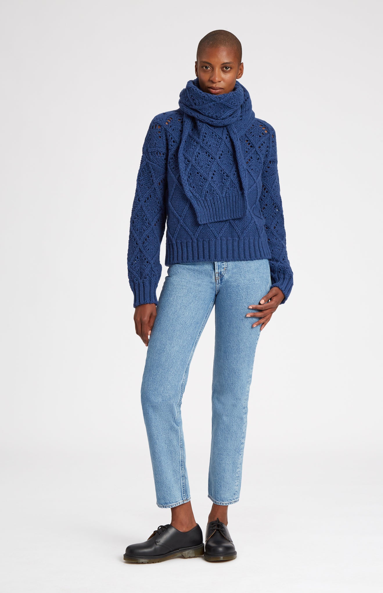 Allover Diamond Wool Scarf in Storm Blue Melange on model full length - Pringle of Scotland