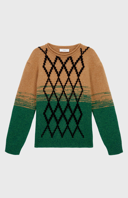 Lambswool Jumper with argyle in Vicuna & Evergreen flat shot - Pringle of Scotland
