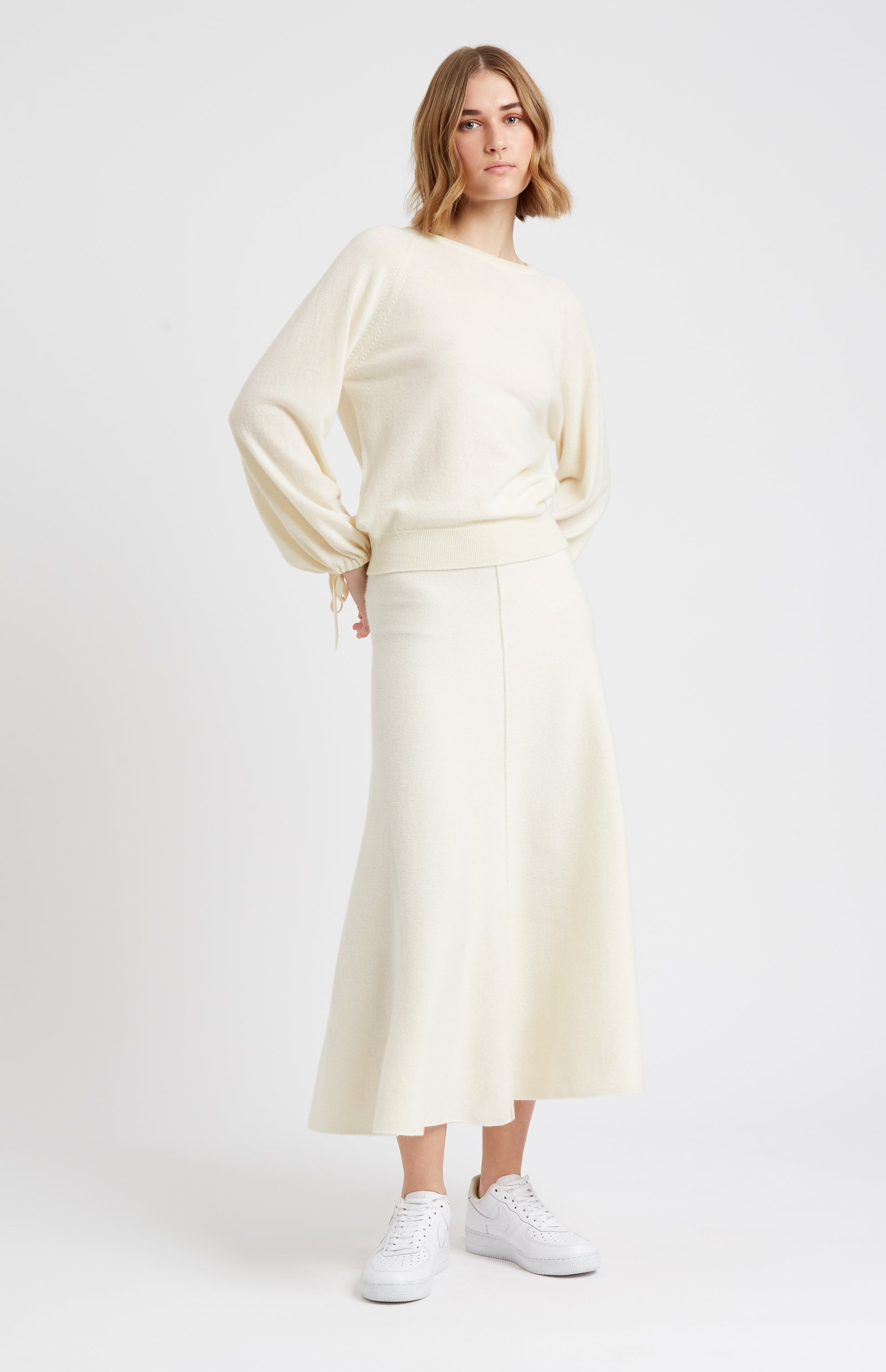Pringle of Scotland Lightweight Round Neck Cashmere Jumper in Off White on model full length