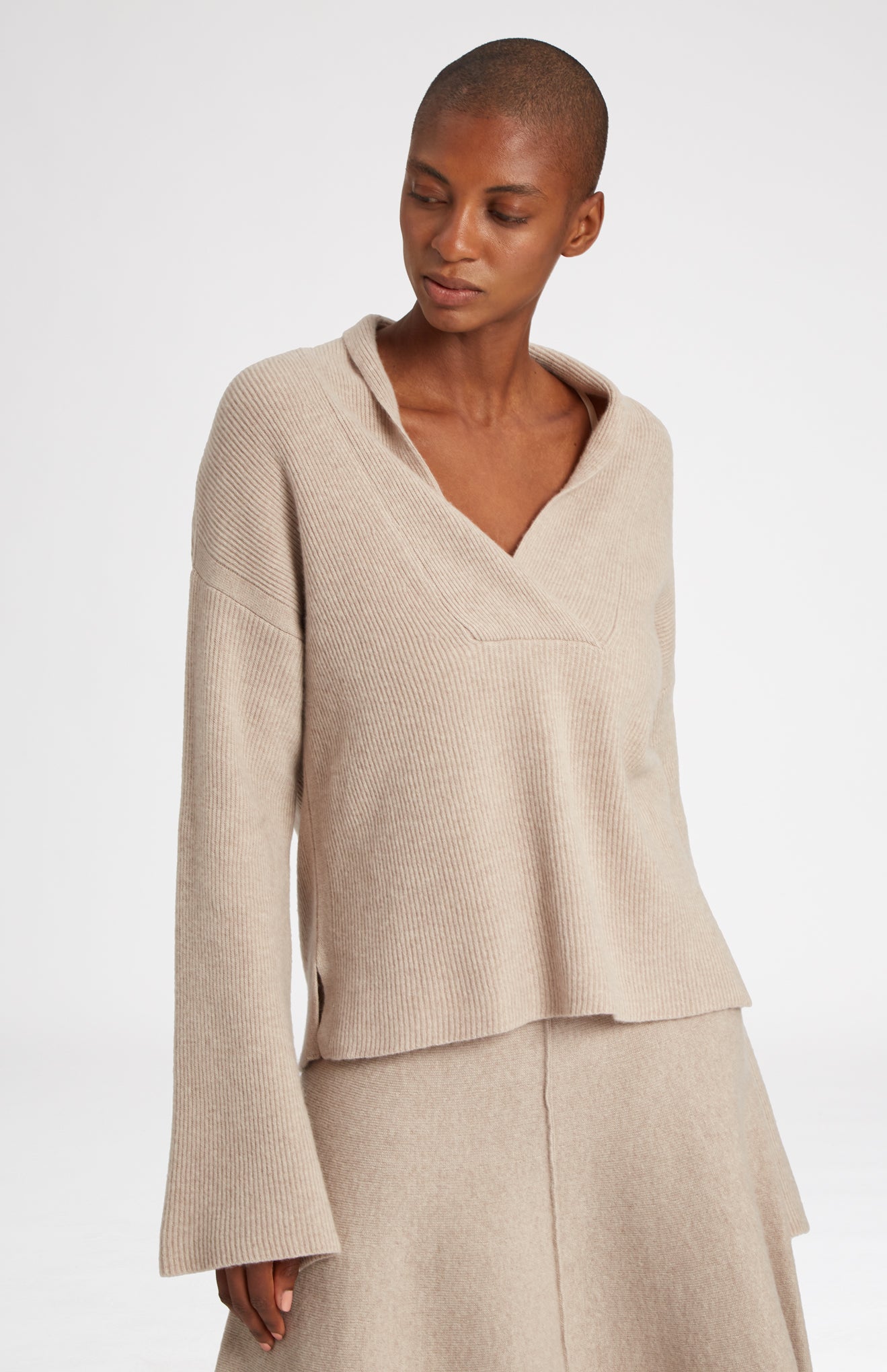 Cashmere Blend Midi Skirt In Stone Melange waist detail - Pringle of Scotland