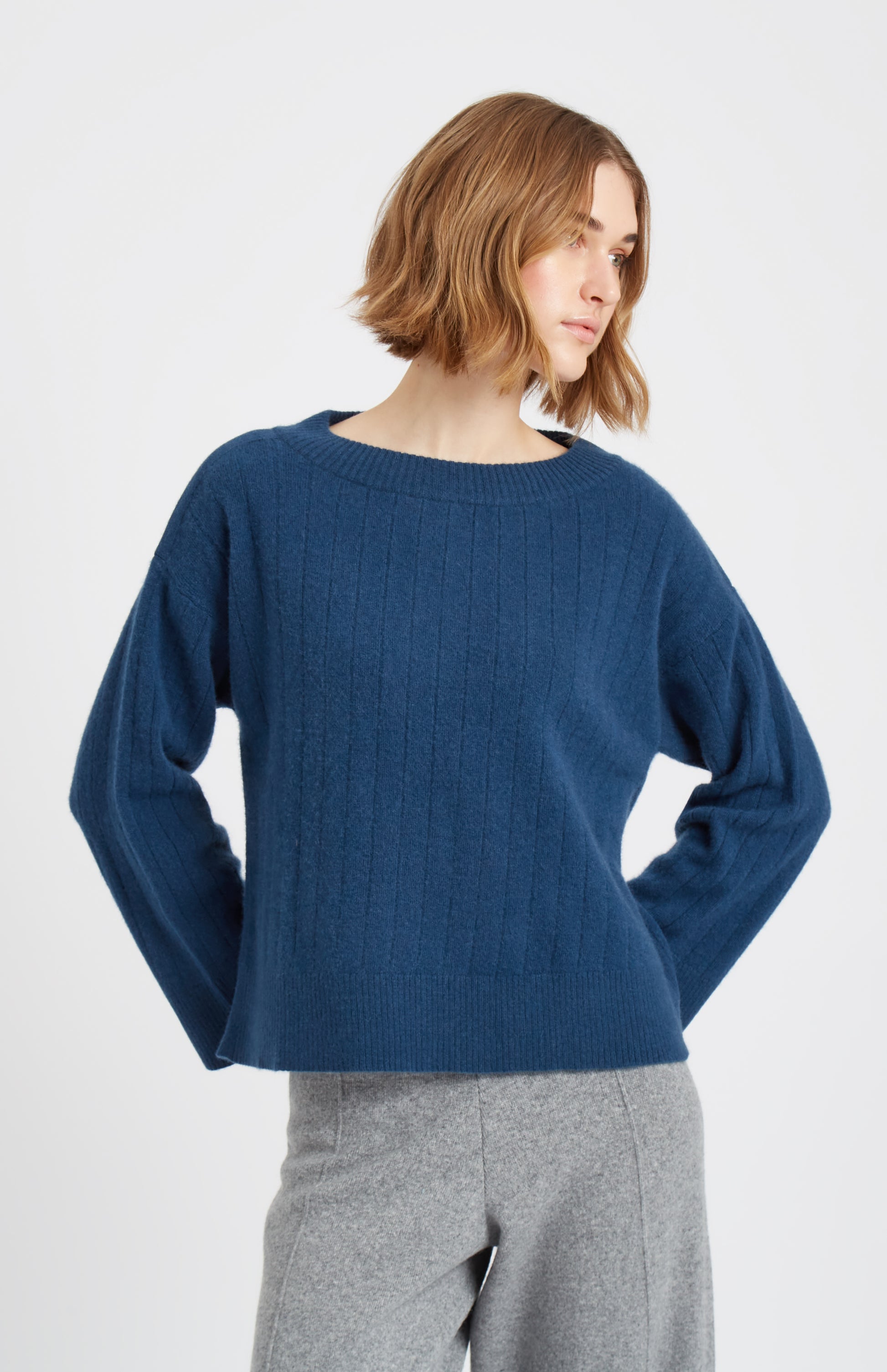 Pringle of Scotland Cashmere Blend Wide Neck Rib Jumper In Night Sky on model